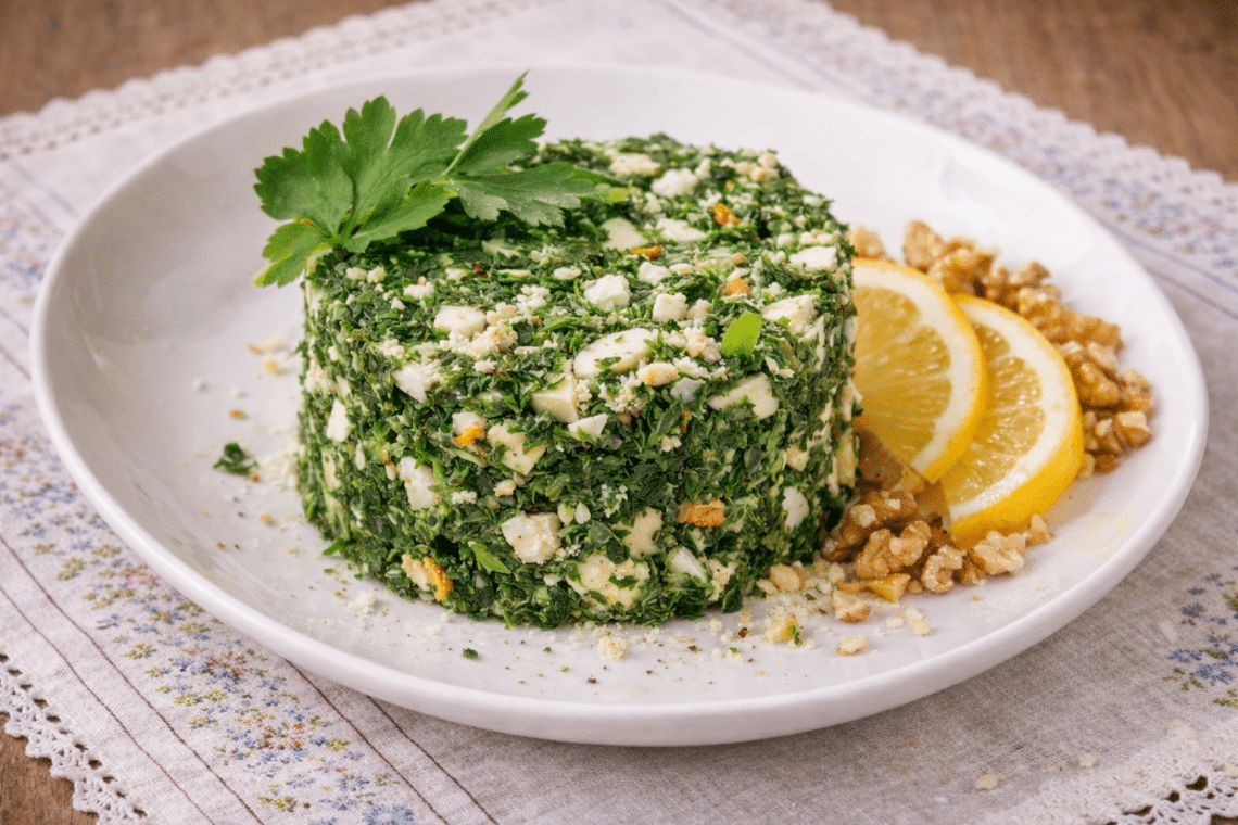Копривена салата със сирене и орехи